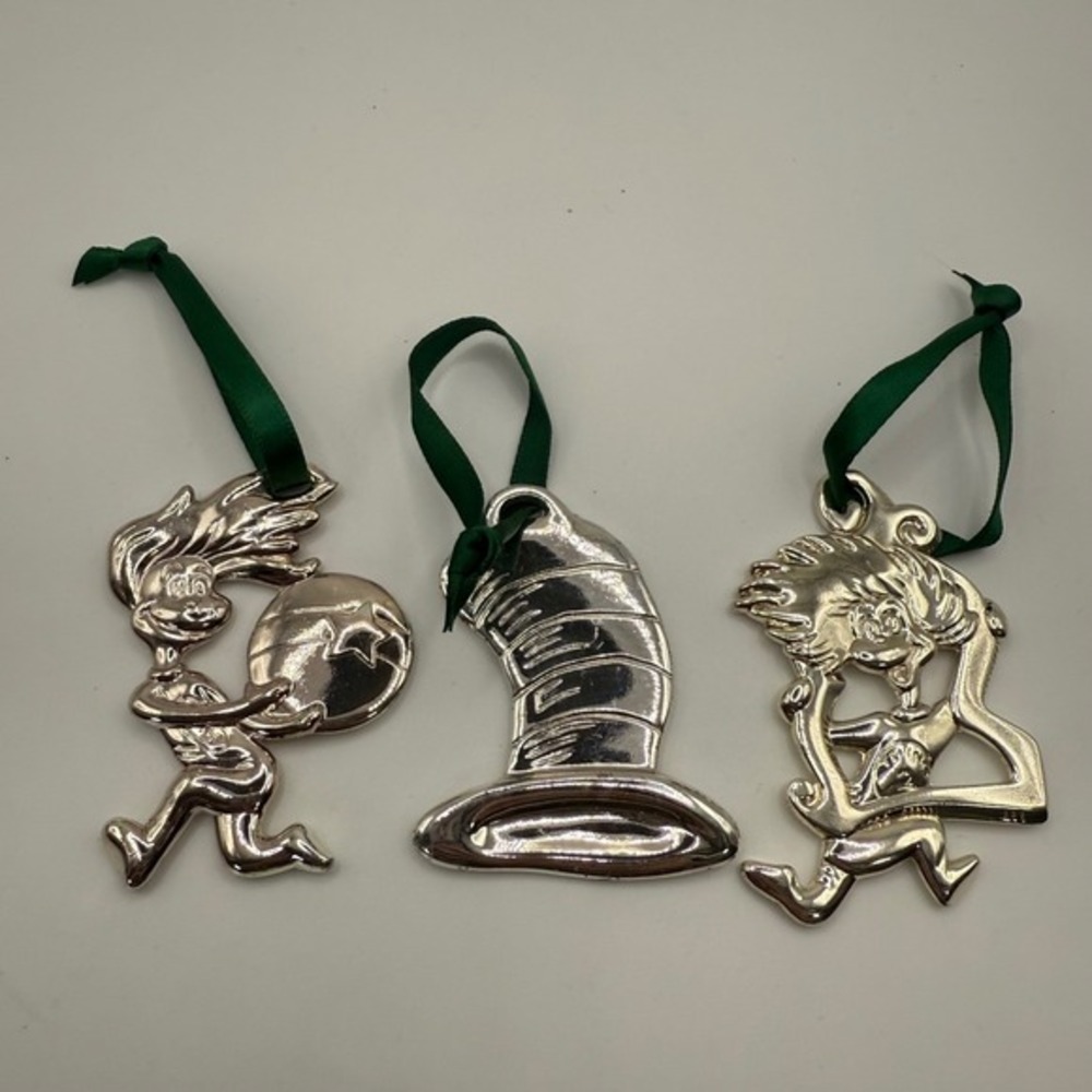 Dr. Seuss Cat in the Hat Set Of 3 Silver Christmas Ornaments Collectible